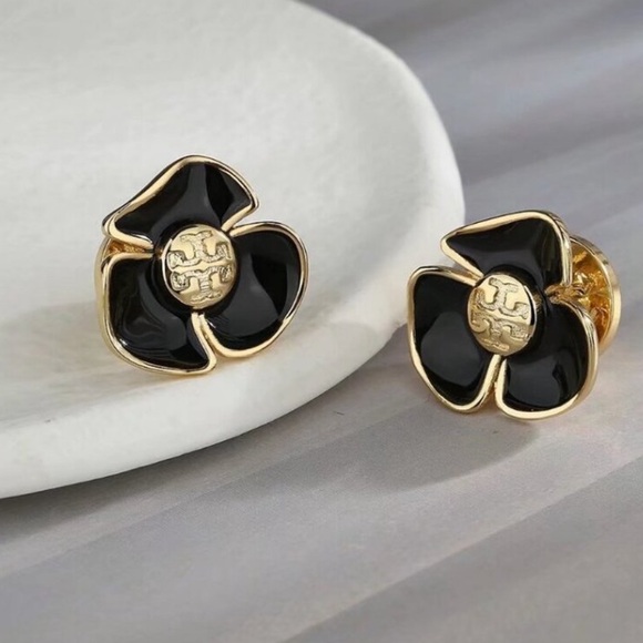 Tory Burch Black and Gold Floral Stud Earrings NWT No Dust Bag - Picture 1 of 9